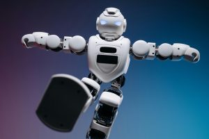 Close-up of a humanoid robot in motion, showcasing modern robotics innovation.